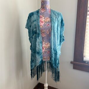 Teal Fringe Open Kimono